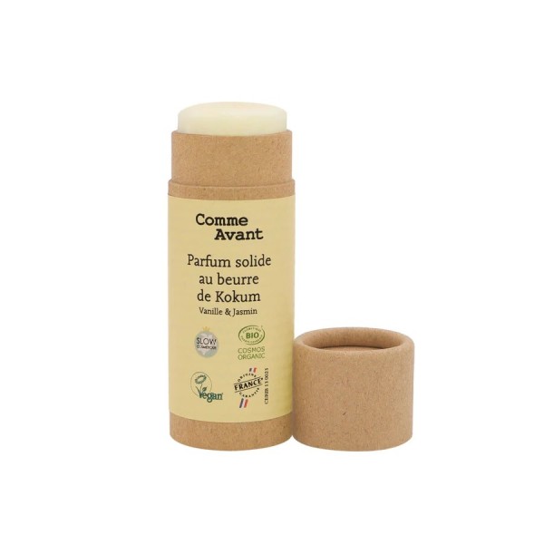 Parfum bio solide et naturel sans alcool au beurre de kokum Vanille & Jasmin